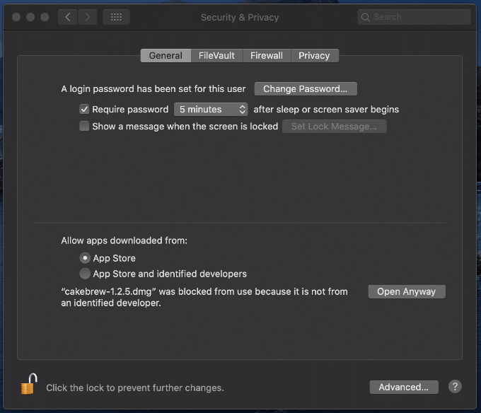 Allow apps download from option in Security & Privacy 